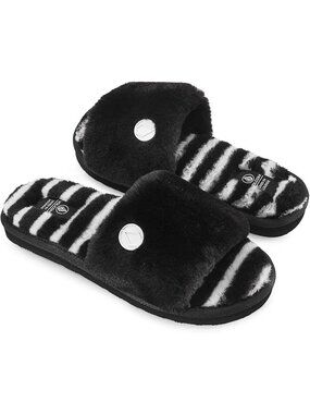 Volcom Lived In Lounge Slippers Girls Size 5 Big Kid Black Zebra Faux Fur Slides